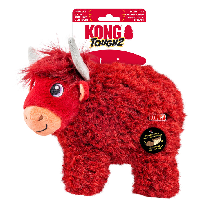 KONG Toughz Highland Cow Medium Dog Toy, in packaging