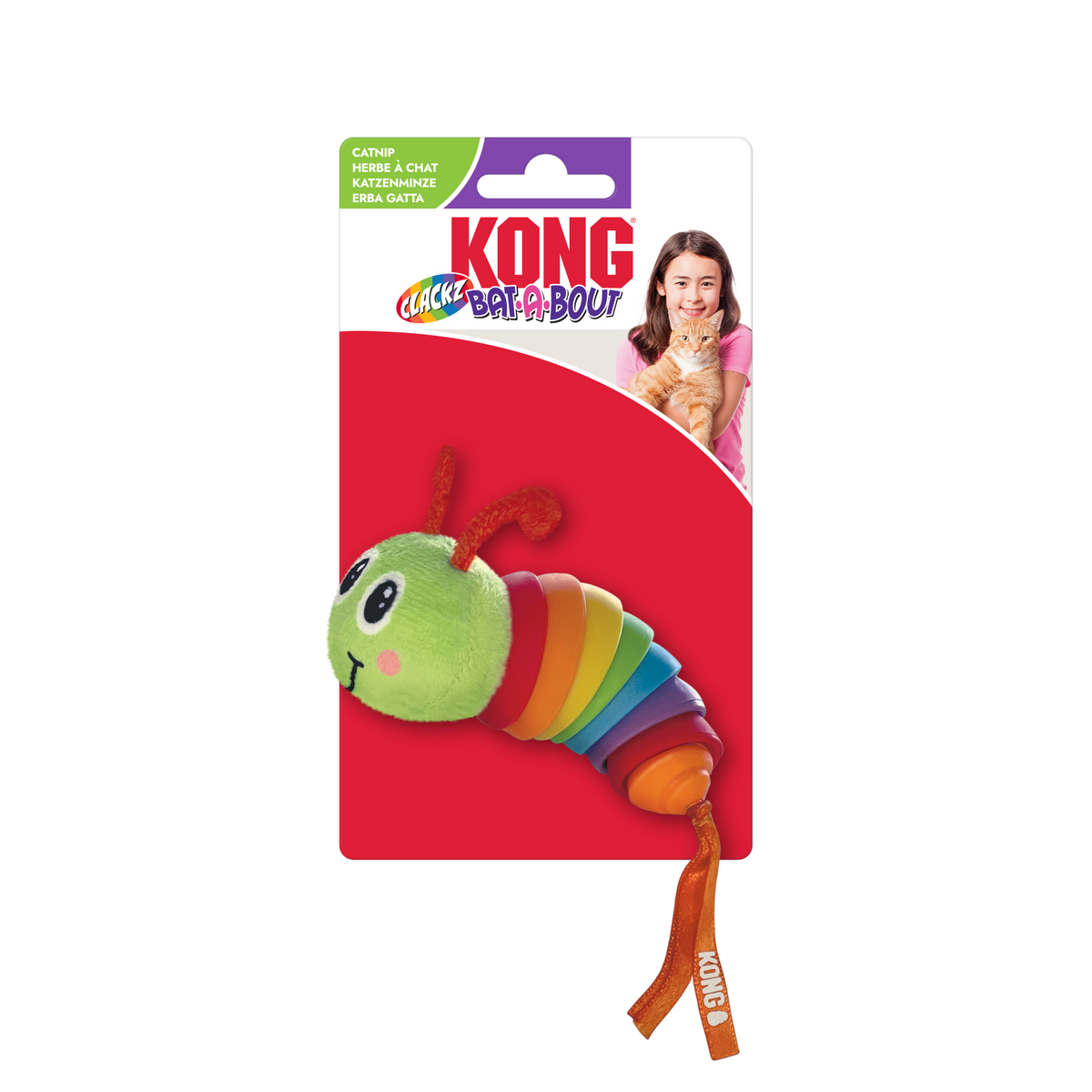 KONG Cat Bat-A-Bout Clackz Caterpillar, in packaging