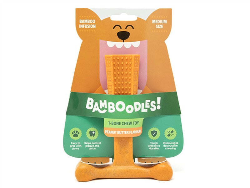 Bamboodles T-Bone Chew Medium Peanut Butter 15cm Dog Chew Toy 