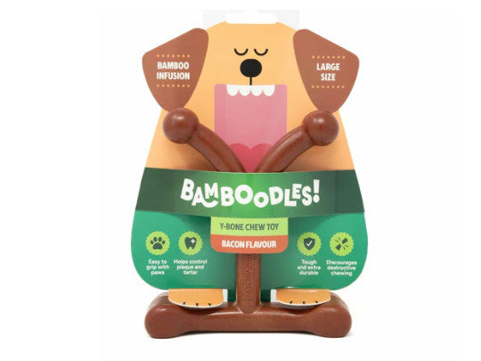 Bamboodles Y-Bone Chew Medium Bacon Dog Chew Toy 