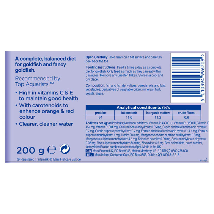 Aquarian Goldfish Flake Food 200g, back of pack