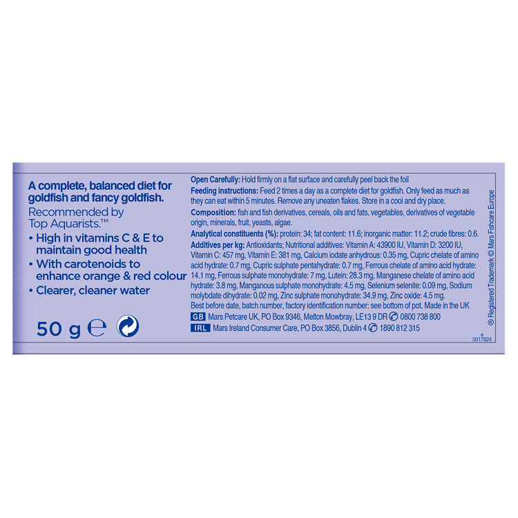 Aquarian Goldfish Flake Food 50g, back of pack