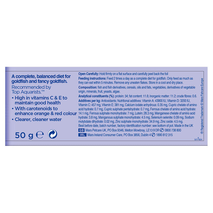 Aquarian Goldfish Flake Food 50g, back of pack