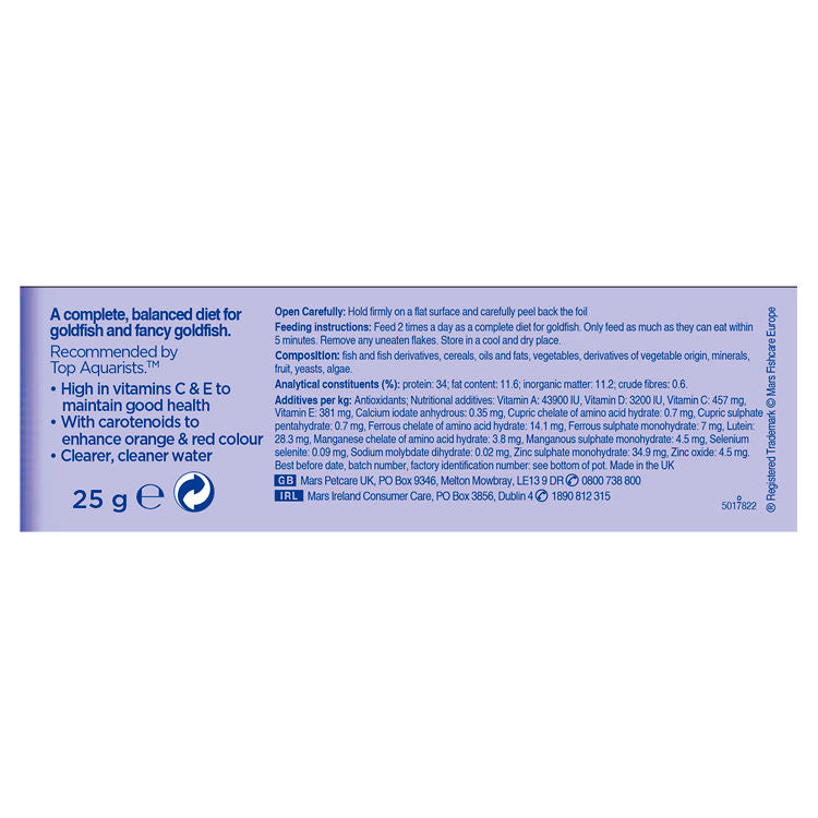 Aquarian Goldfish Flake Food 25g, back of pack
