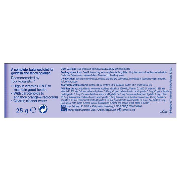 Aquarian Goldfish Flake Food 25g, back of pack