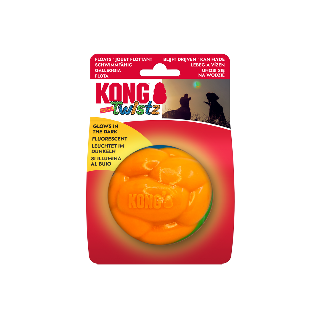 KONG Twistz High Viz Ball Large, in packaging