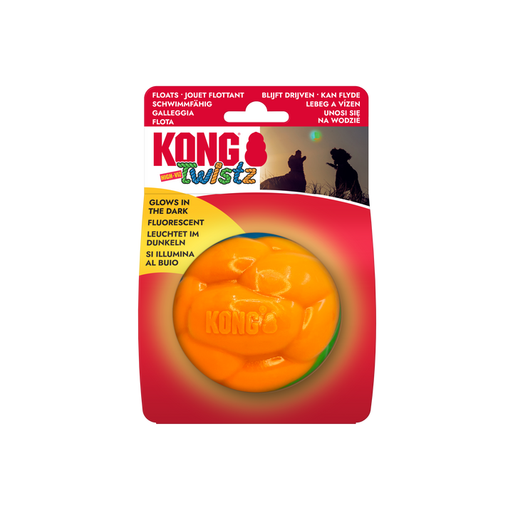 KONG Twistz High Viz Ball Large, in packaging