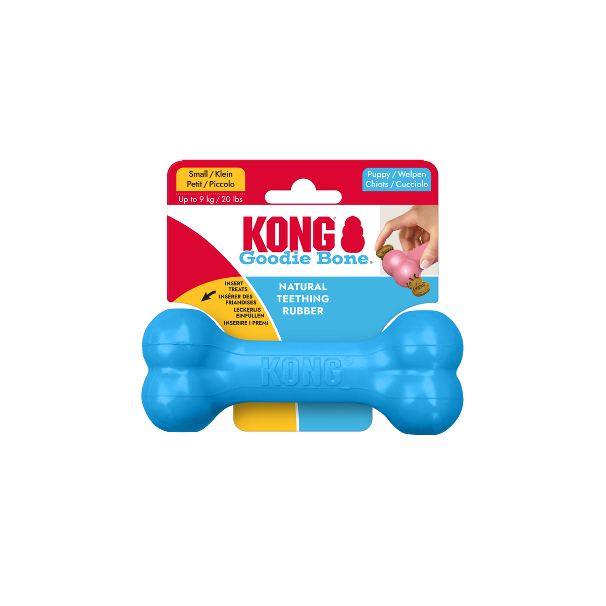 KONG Puppy Goodie Bone Small Pink/Blue Dog Chew Toy, in packaging