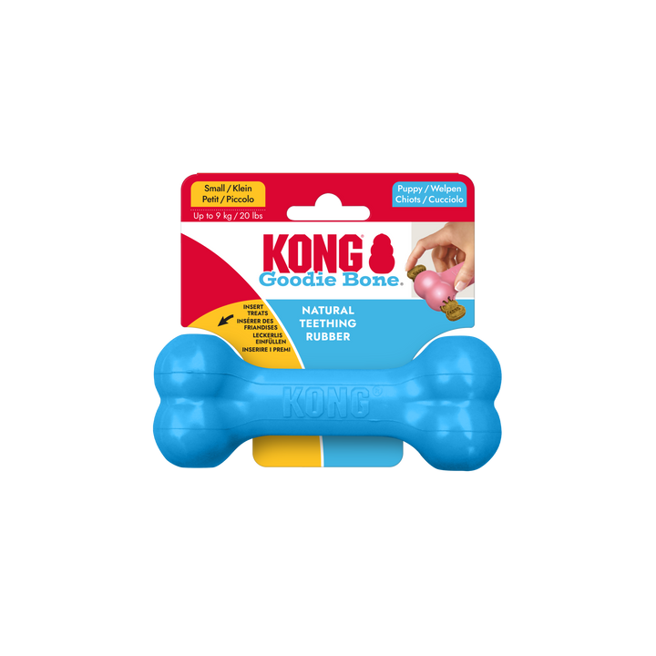 KONG Puppy Goodie Bone Small Pink/Blue Dog Chew Toy, in packaging
