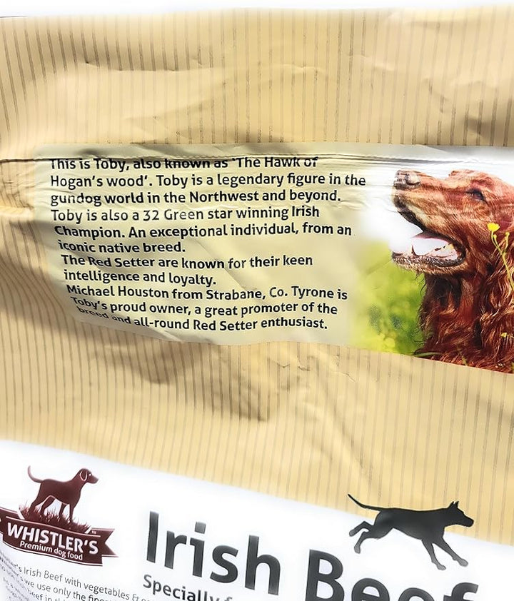 Whistlers Irish Beef adult dog food bag, back panel