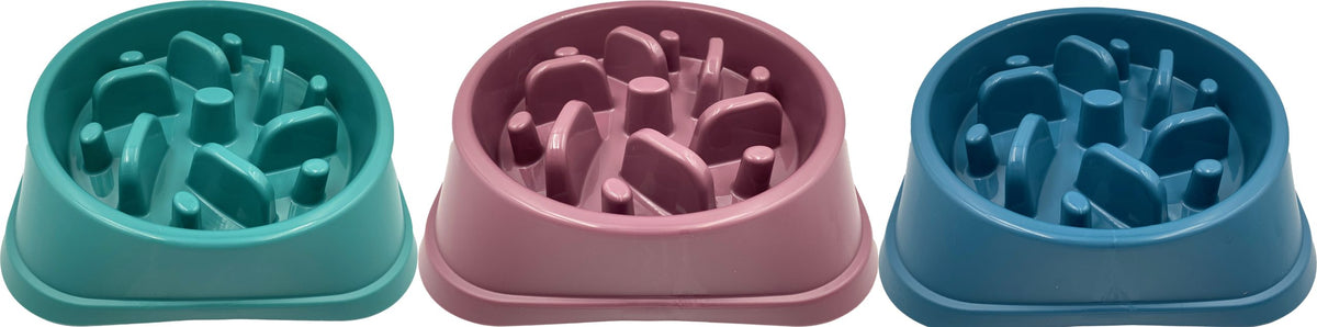 Hem & Boo anti-gulp slow feeding bowls in teal, pink and blue