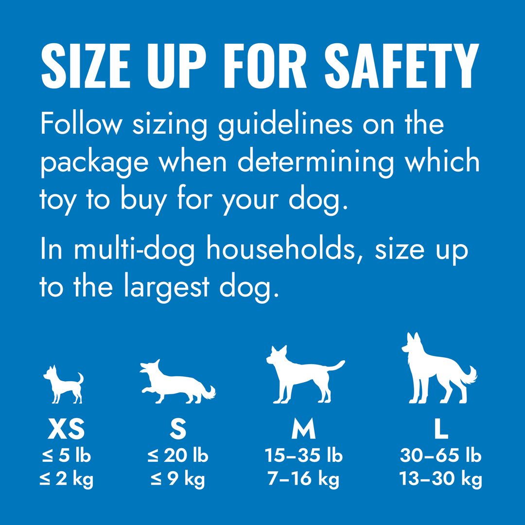 KONG size up for safety: follow the sizing on the pack and in multi-dog homes size up to the largest dog. XS up to 2kg, S up to 9kg, M 7 to 16kg, L 13 to 30kg