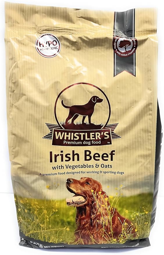 Whistlers Irish Beef with Vegetables and Oats adult dog food bag, front