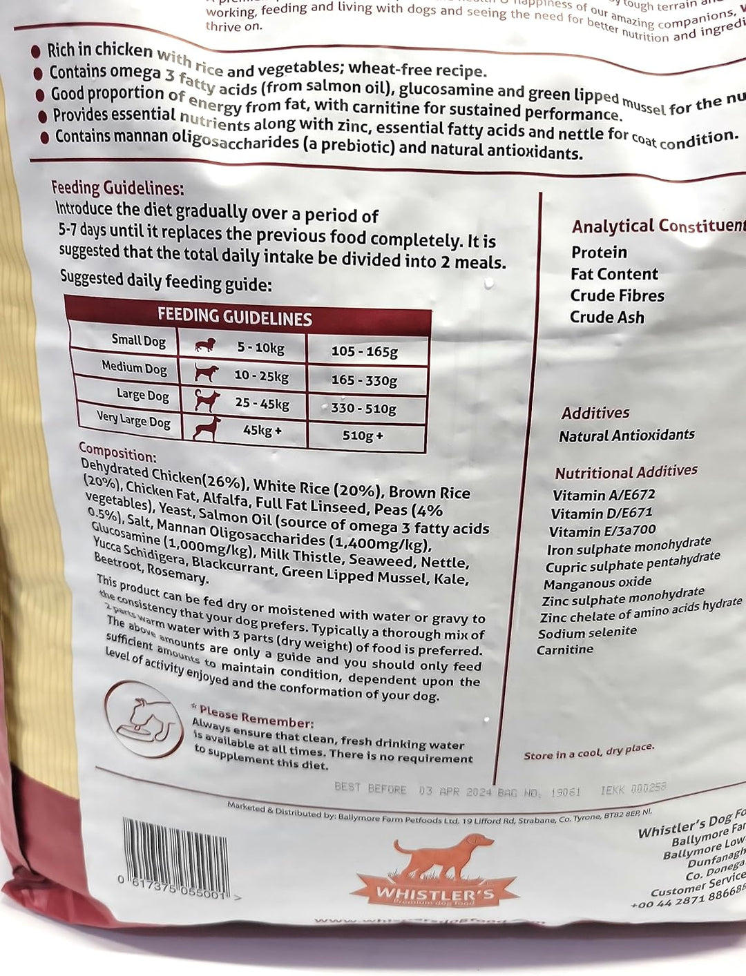 Whistlers Chicken adult dog food bag, back with feeding guide and analysis