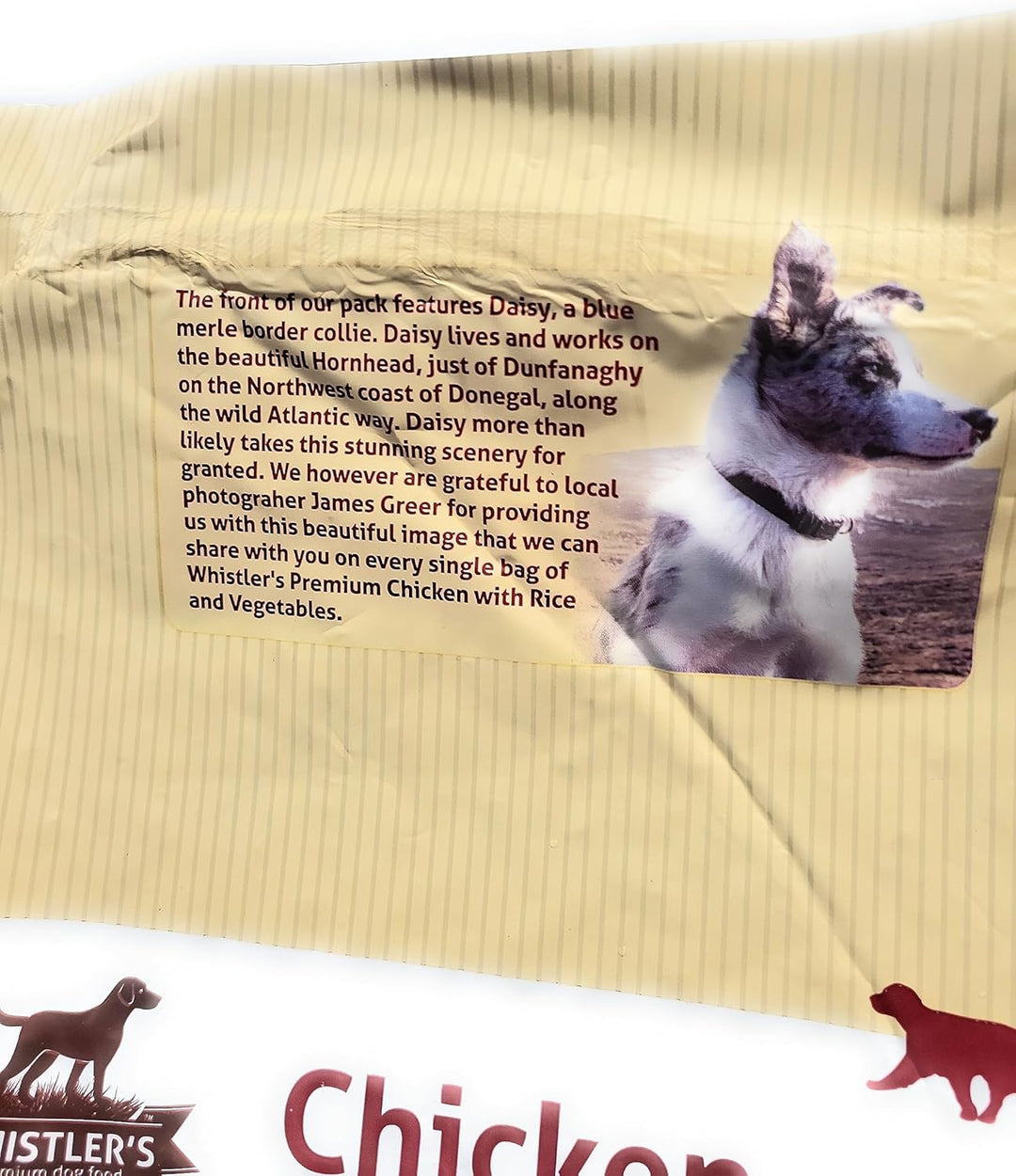 Whistlers Chicken adult dog food bag, back panel