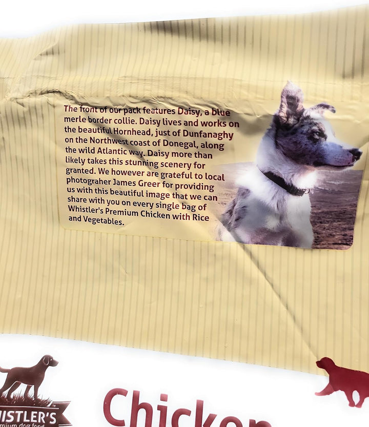 Whistlers Chicken adult dog food bag, back panel