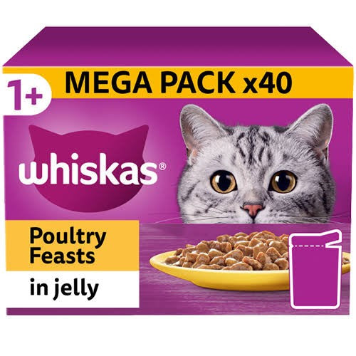 WHISKAS 1+ Cat Pouches Poultry Feasts in Jelly 40x85g