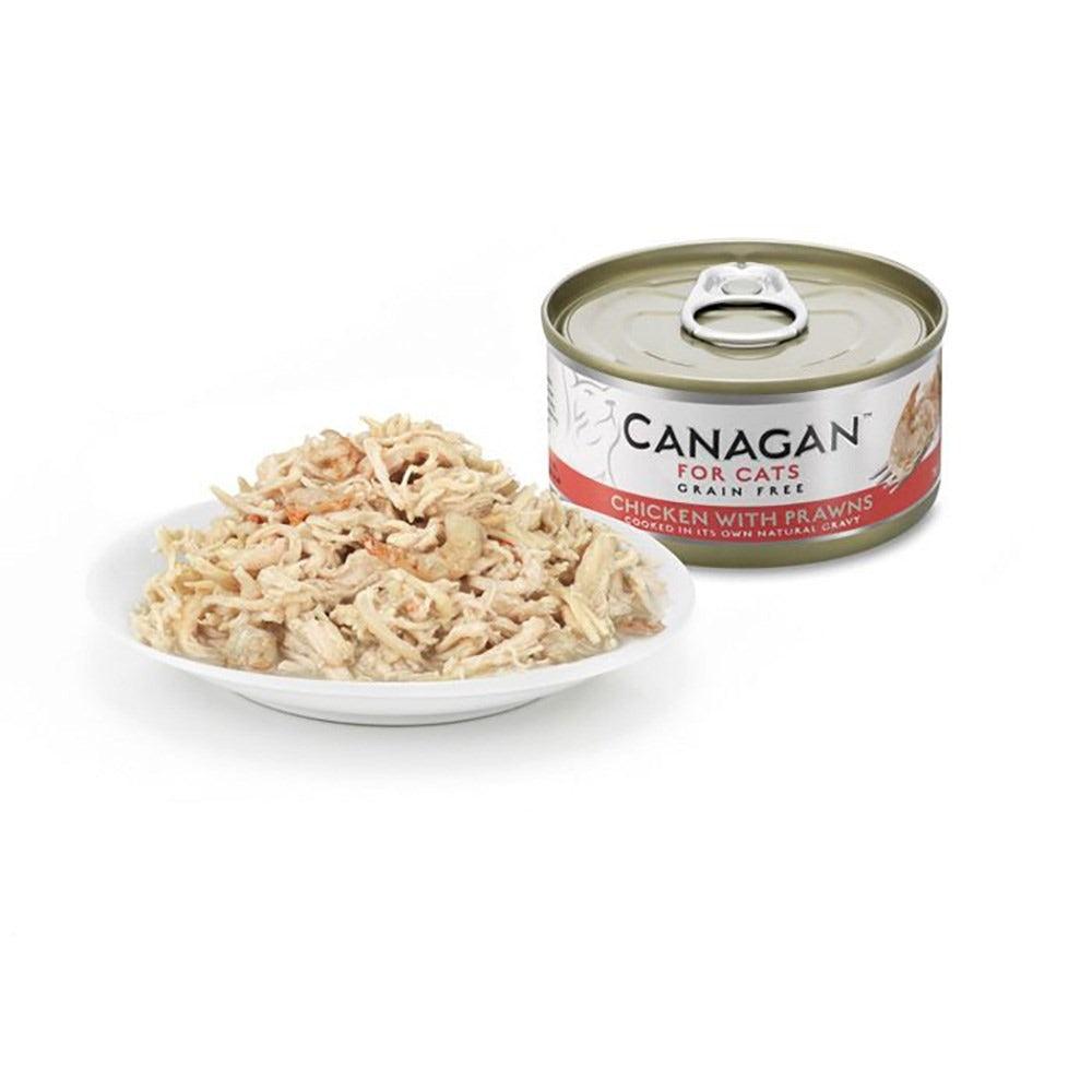 Canagan Chicken with Prawns served on a plate beside the can, shredded chicken with prawns in its own gravy