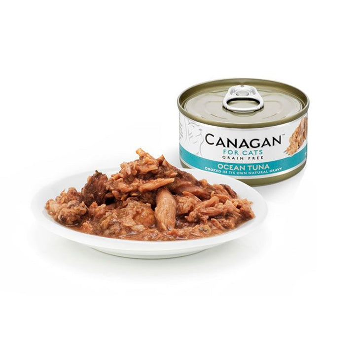 Canagan Ocean Tuna served on a plate beside the can, flaked tuna in its own gravy