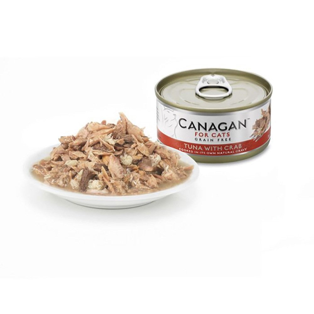 Canagan Tuna with Crab served on a plate beside the can, flaked tuna with crab in its own gravy