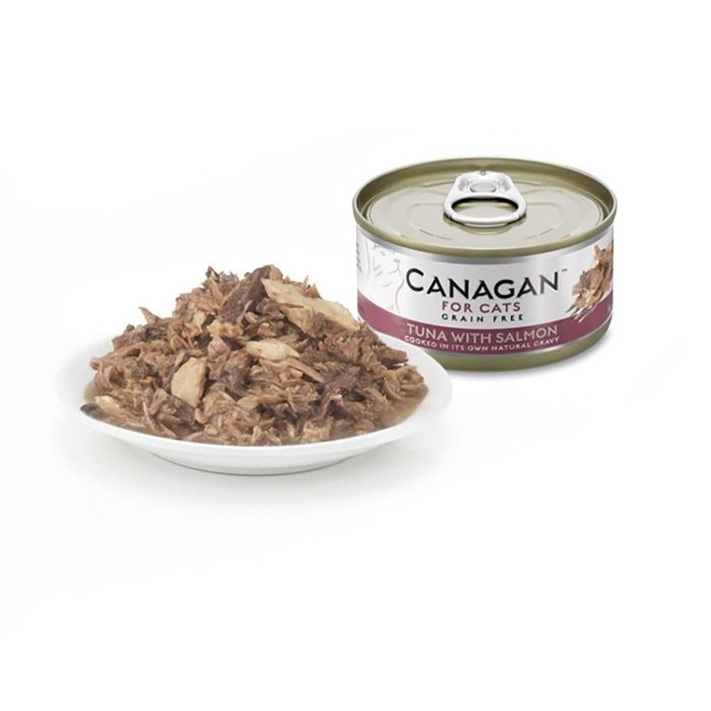 Canagan Tuna with Salmon served on a plate beside the can, flaked tuna with salmon in its own gravy