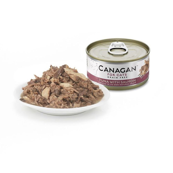 Canagan Tuna with Salmon served on a plate beside the can, flaked tuna with salmon in its own gravy