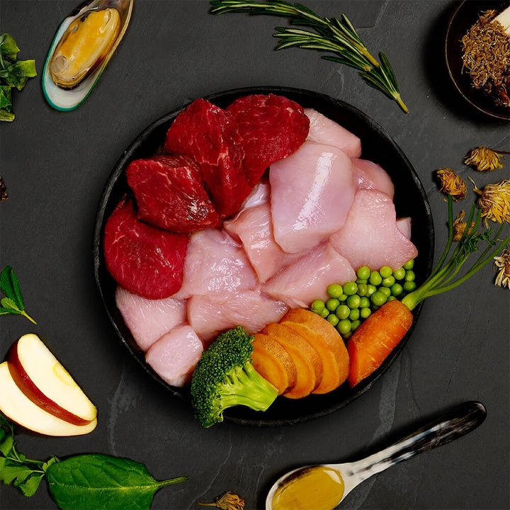 Fresh chicken, wild boar, sweet potato, peas, carrot, broccoli and green lipped mussel, the ingredients in Canagan Chicken and Wild Boar Casserole