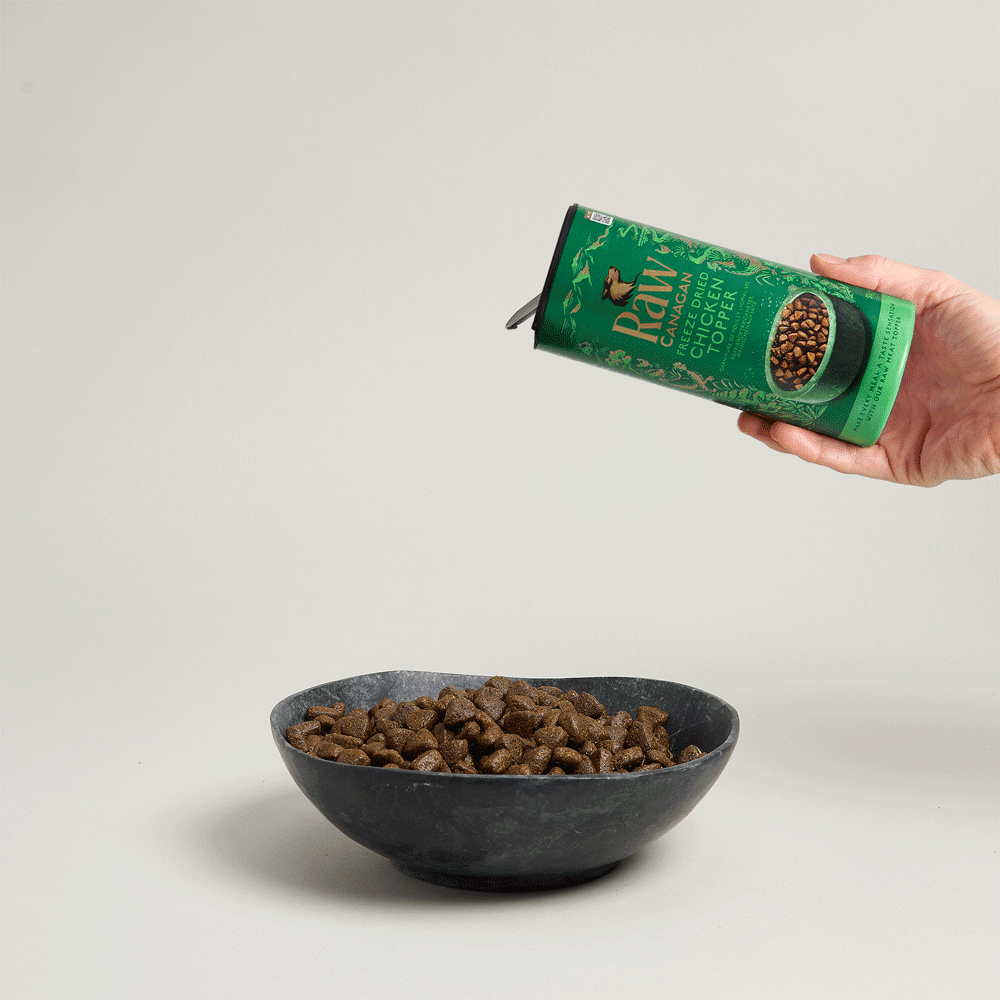 Chicken topper being shaken from the tin over a bowl of dry dog food