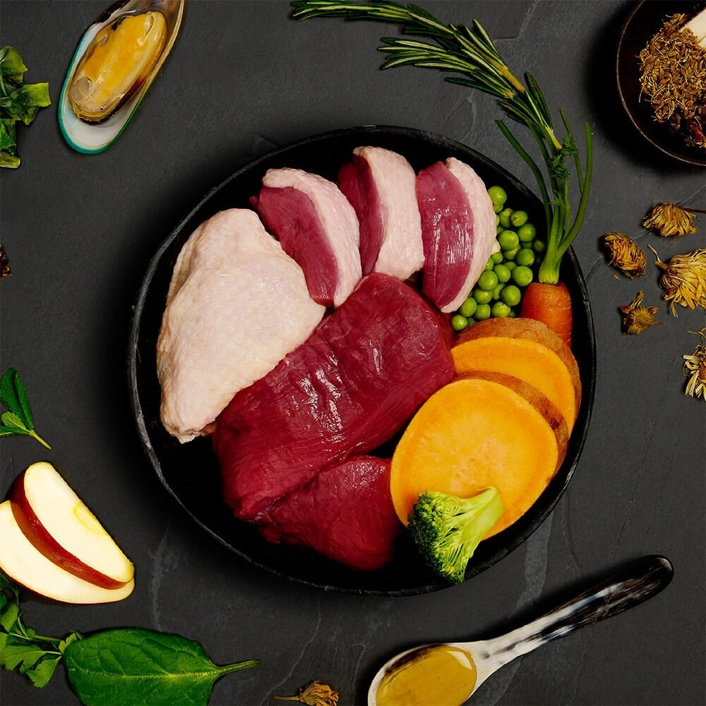 Fresh duck, venison, chicken, sweet potato, peas, carrot, broccoli, apple and green lipped mussel, the ingredients in Canagan Country Game