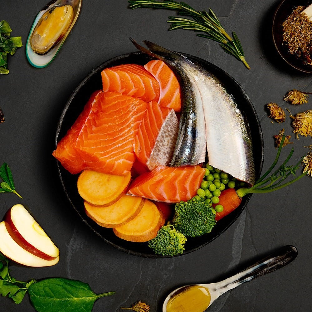 Fresh salmon, herring, sweet potato, peas, carrot, broccoli, apple and green lipped mussel, the ingredients in Canagan Salmon and Herring Supper