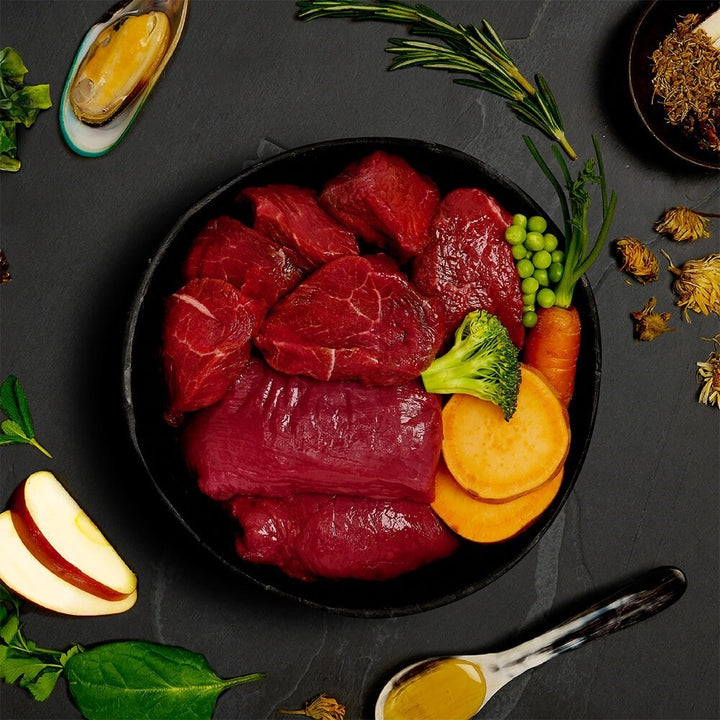Fresh venison, wild boar, sweet potato, peas, carrot, broccoli and green lipped mussel, the ingredients in Canagan Venison and Wild Boar Stew