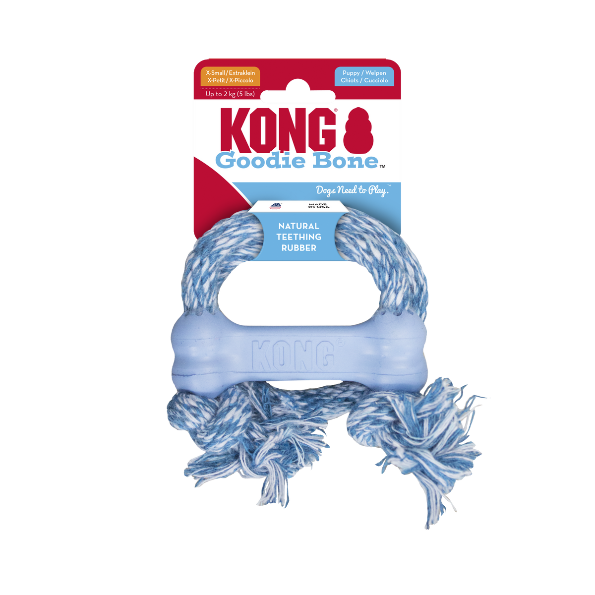 KONG Puppy Goodie Bone with Rope X-Small Assorted, in packaging