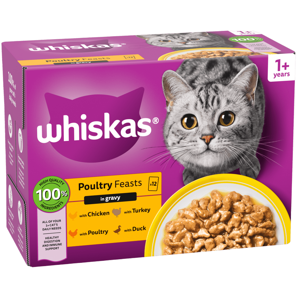 Whiskas 1+ Cat Pouches Poultry Feasts in Gravy 12x85g