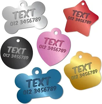 Engraved pet ID tags in six shapes and colours