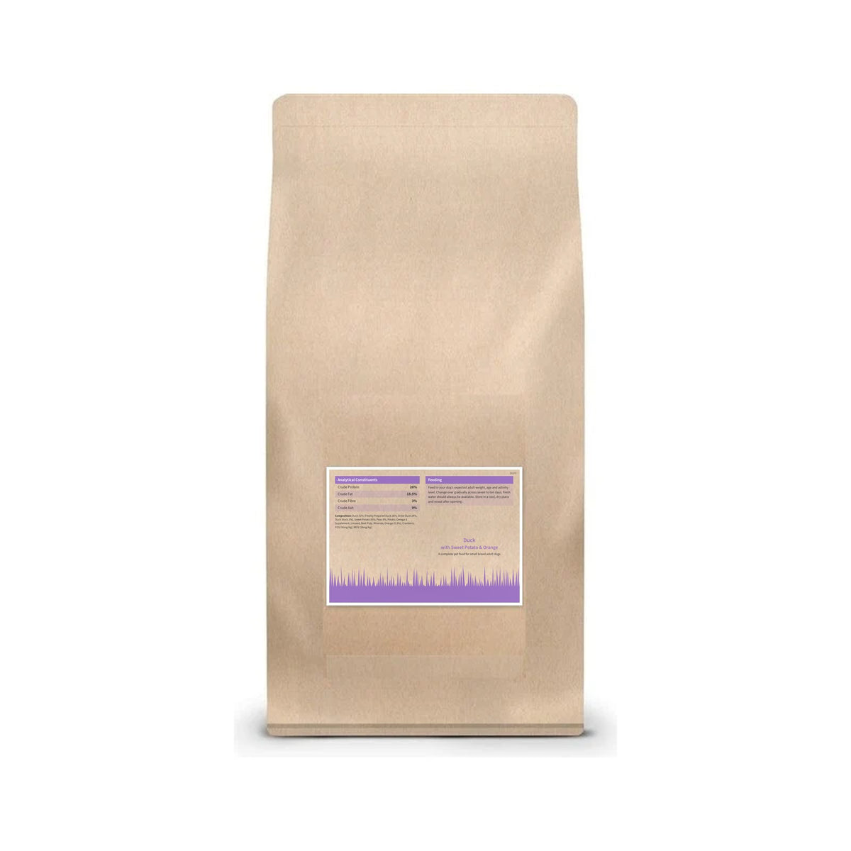 Stanley's Grain Free Small Breed Duck, back of bag with composition and analysis