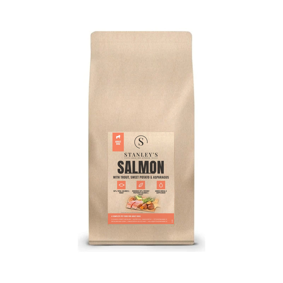 Stanley's Grain Free Salmon, Trout, Sweet Potato and Asparagus, front of bag