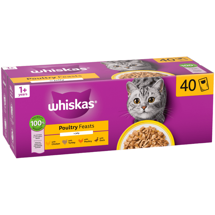 Whiskas 1+ Cat Pouches Poultry Feasts in Jelly 40x85g